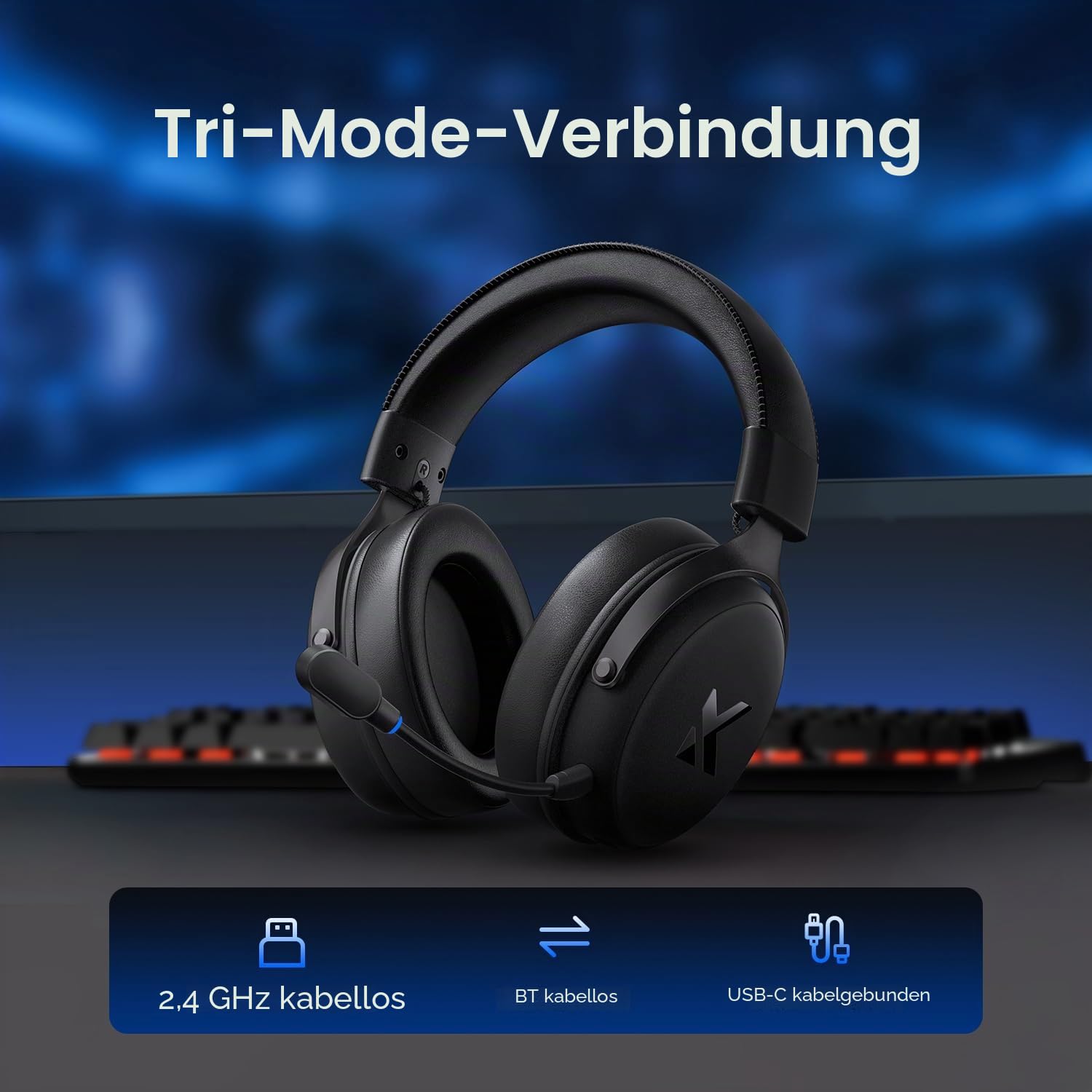 MCHOSE V9 Pro Kabelloses Gaming-Headset, 7.1 Surround Sound, 53 mm Neodym‑Treiber, 3‑Modi‑Konnektivität, 250 Stunden Akku, Abnehmbares Mikrofon, kompatibel mit PC, Mac, PS5, PS4, Switch‑Serie