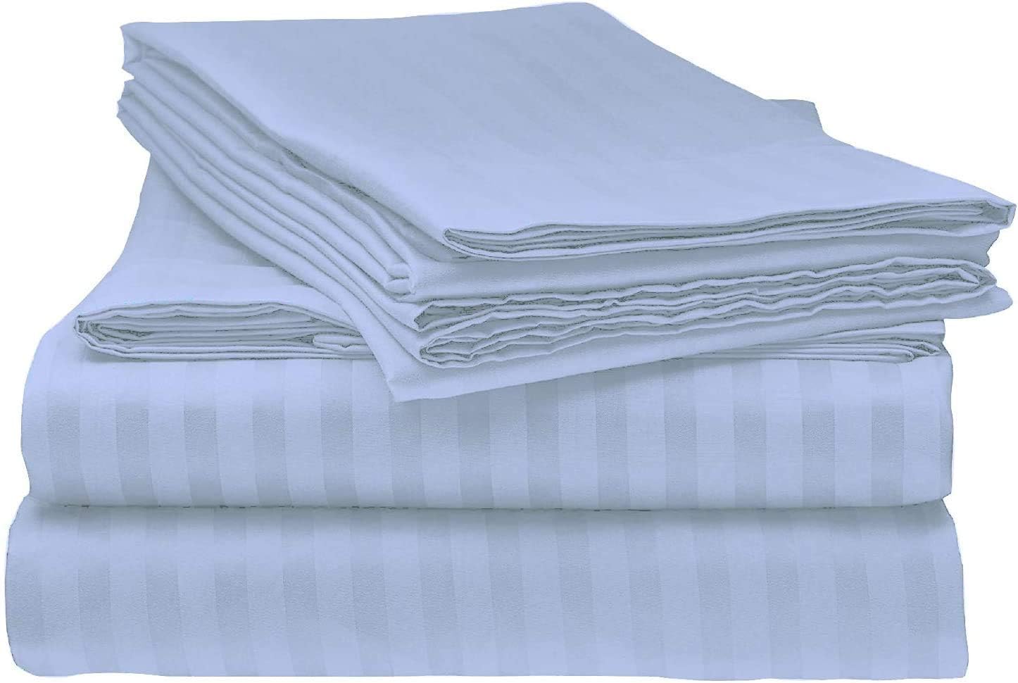 LaxLinen 1000TC Super Quality Bedding Collection 6PC Bed Sheet Set 15" Inch Extra Deep Pocket Queen Bed Size, Sky Blue Stripe 100% Cotton