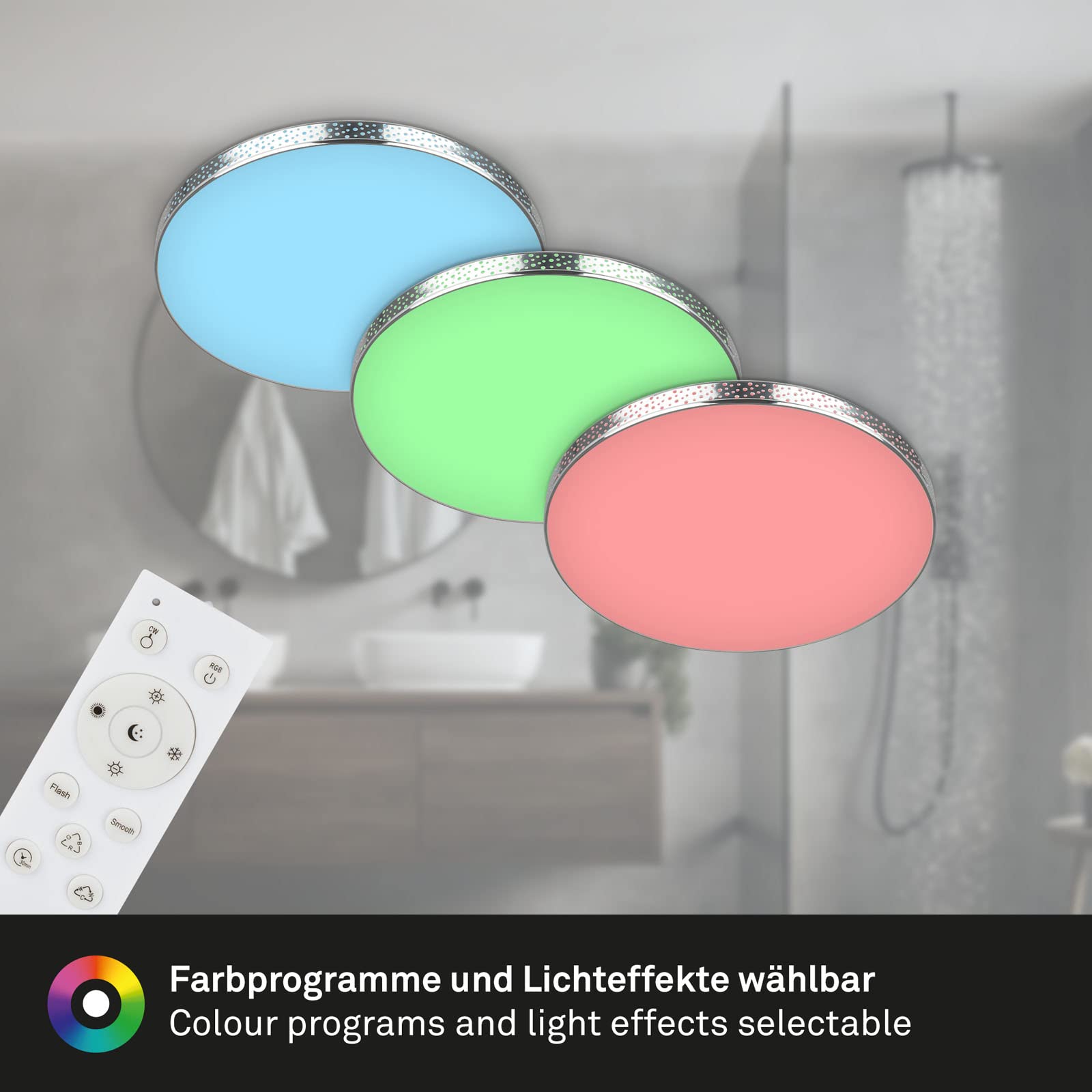 BRILONER - Lámpara LED de techo efecto brillo, lámpara de baño RGB, lámpara de baño LED IP44, temperatura de color regulable, cromo, 355x65 mm (DxH)