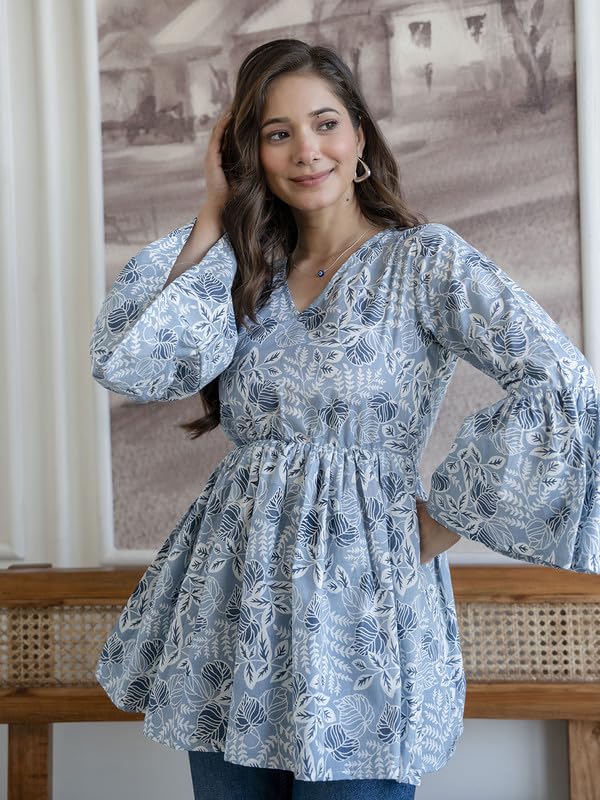 Image of AHMI New Cotton Floral Printed Flared Casual Tunic Kurta for Women | Women Tunic Top
