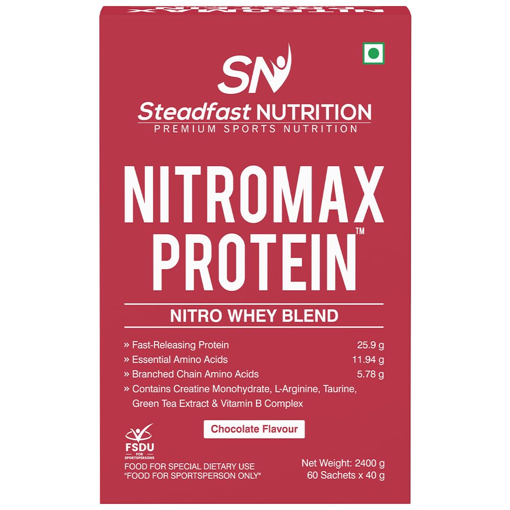 Nitromax Protein |25.9g Fast Releasing Protein, 11.94g EAA, 5.78g BCAA per sachet | Increases Muscle pump, strength, Lean Muscle (60 Sachets, Chocolate) (FREE NEON SHAKER)