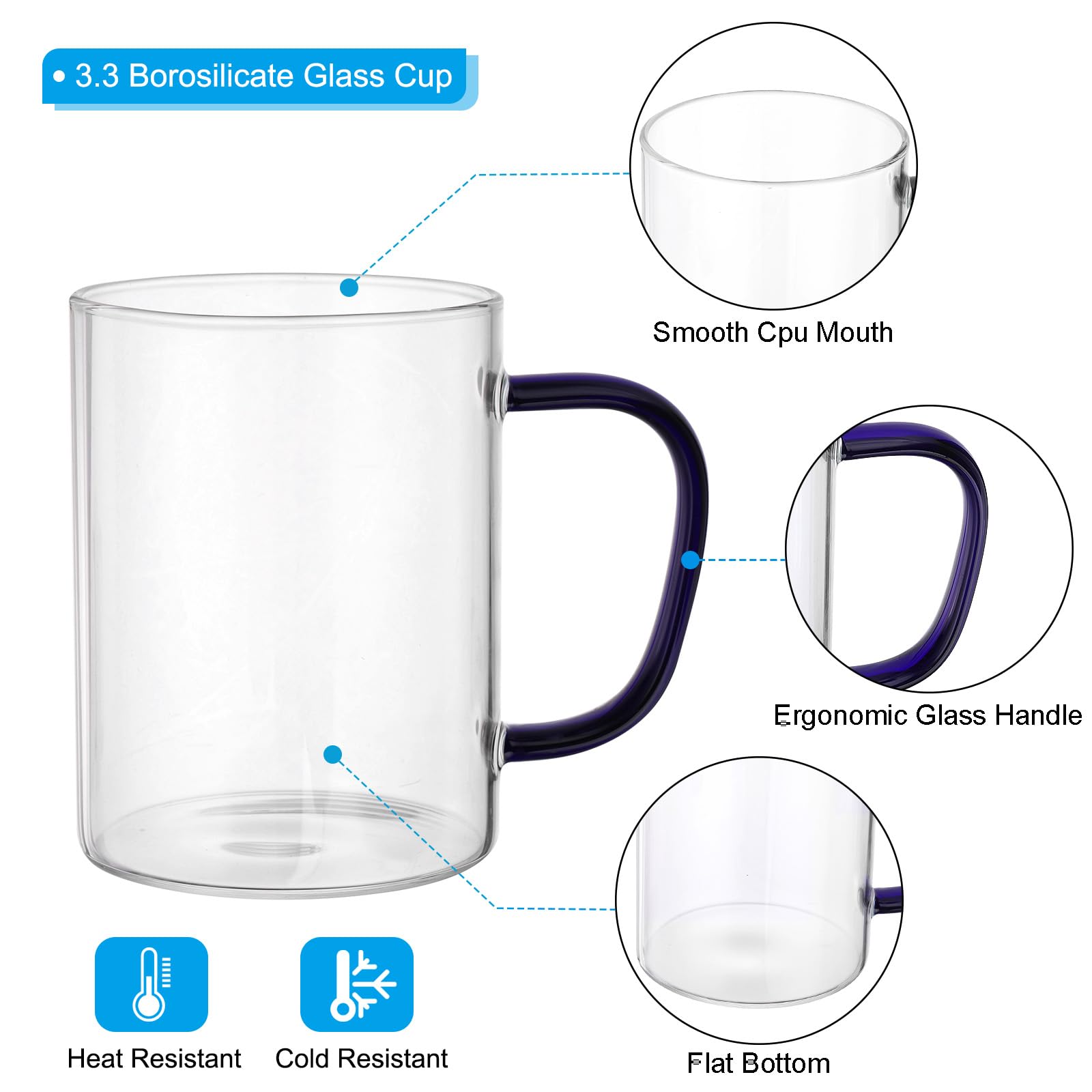 PATIKIL 500ml Glass Measuring Cup, 3.3 Borosilicate Glass Mug Liquid Cups Beaker with Blue Handle for Kitchen Clear - Image 3