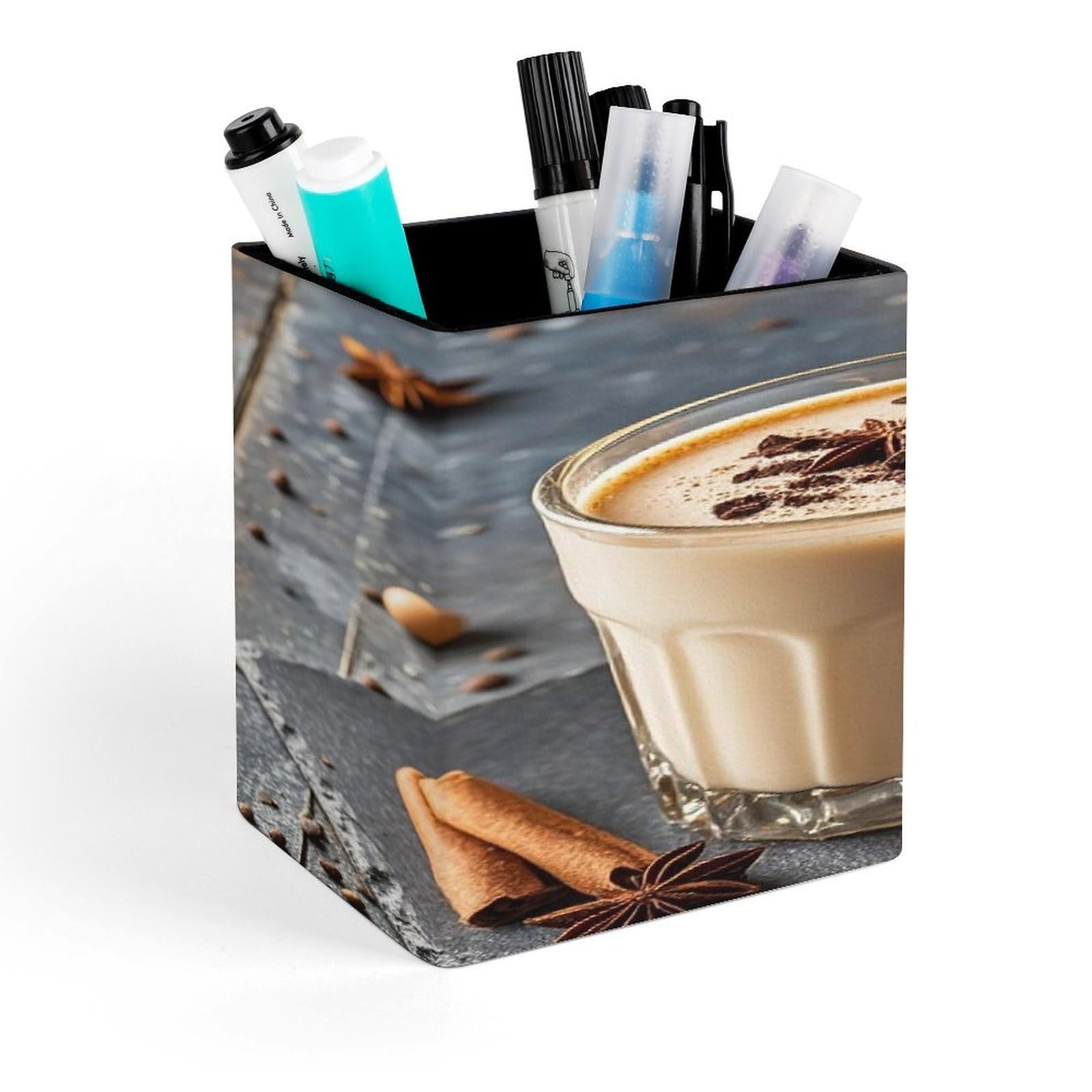 FekiLoot Eggnog Pencil Holder for Desk Square Leather Pen Holder Cup Desktop Organizer Multi-Functional Pencil Cup Holders Modern Decorative Desk Organizer Caddy Makeup Brush Holders