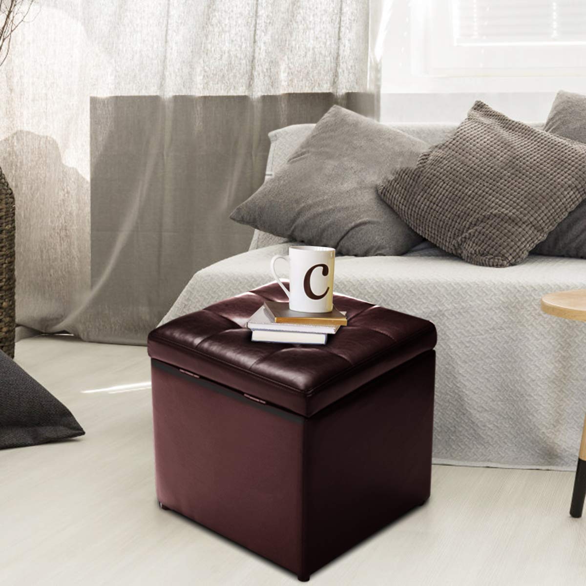 COSTWAY Baul Almacenaje Dormitorio, Puff Almacenaje Plegable 40x40x40cm, Puff Banco con Almacenaje con Capacidad de 300 kg, Reposapiés Sofa para Sala de Estar, Dormitorio, Entrada, Marrón