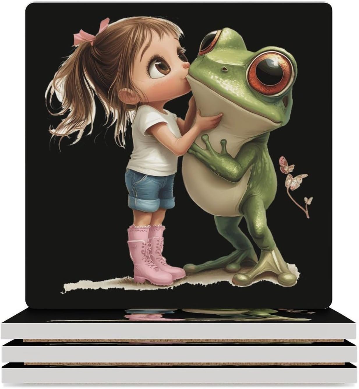 Funny Princess Frogs Ceramic Coasters Set Square Drink Coasters Table Coaster for Kitchen Desktop Decor