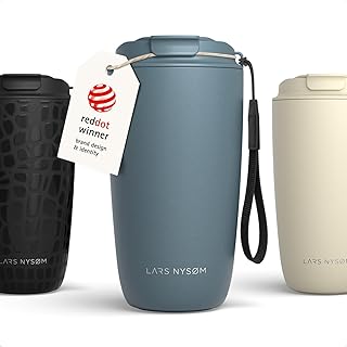 LARS NYSØM Termiczny kubek do kawy na wynos z uchwytem i pokrywką Tritan | kubek podróżny 0,5 litra z izolacją | szczelny stalowy kubeczek termiczny do kawy i herbaty (Stone Blue, 500ml)