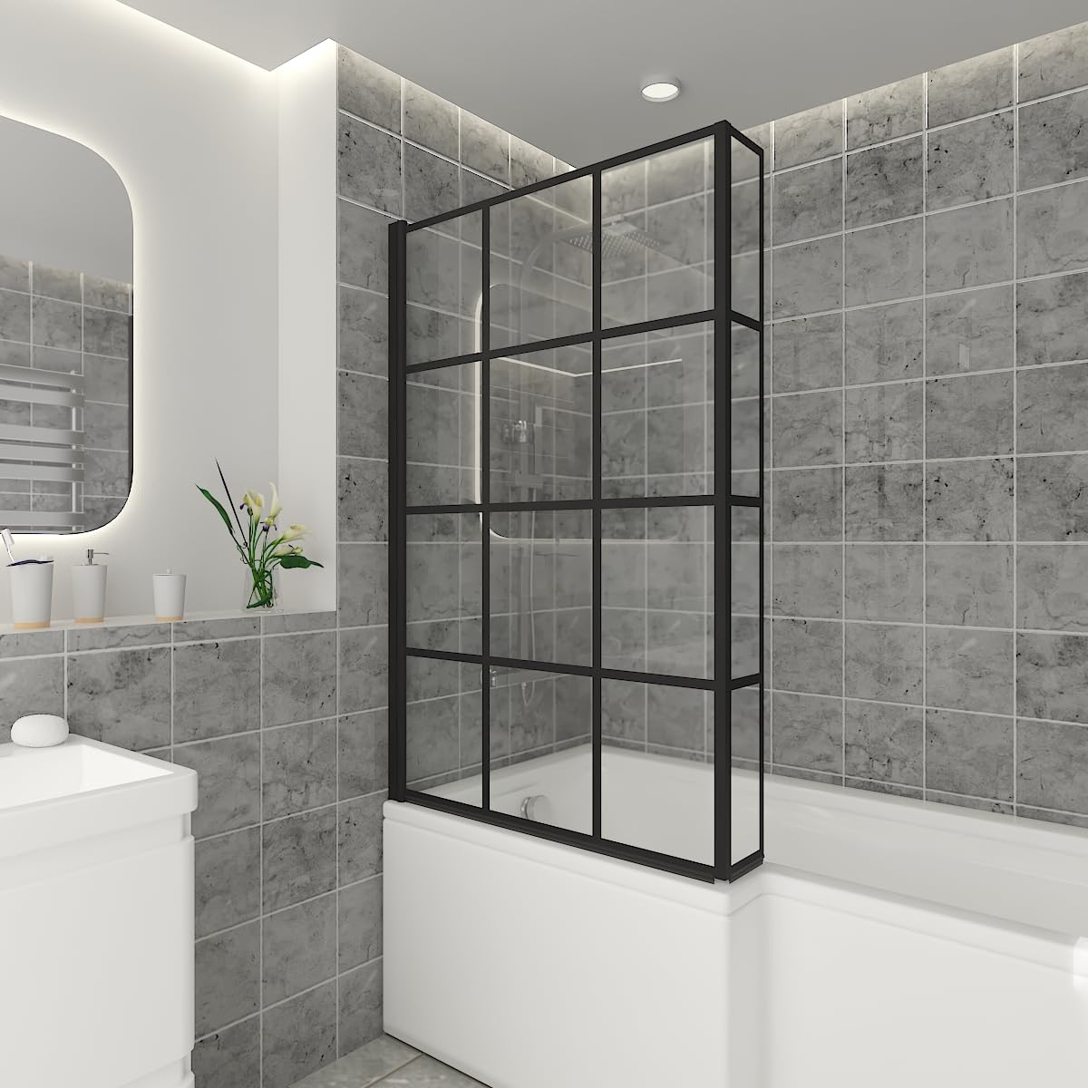 NRG 810 x 1400mm L Shaped Grid Bath Screen with Fixed Return Black Framed Safety Glass — image 1