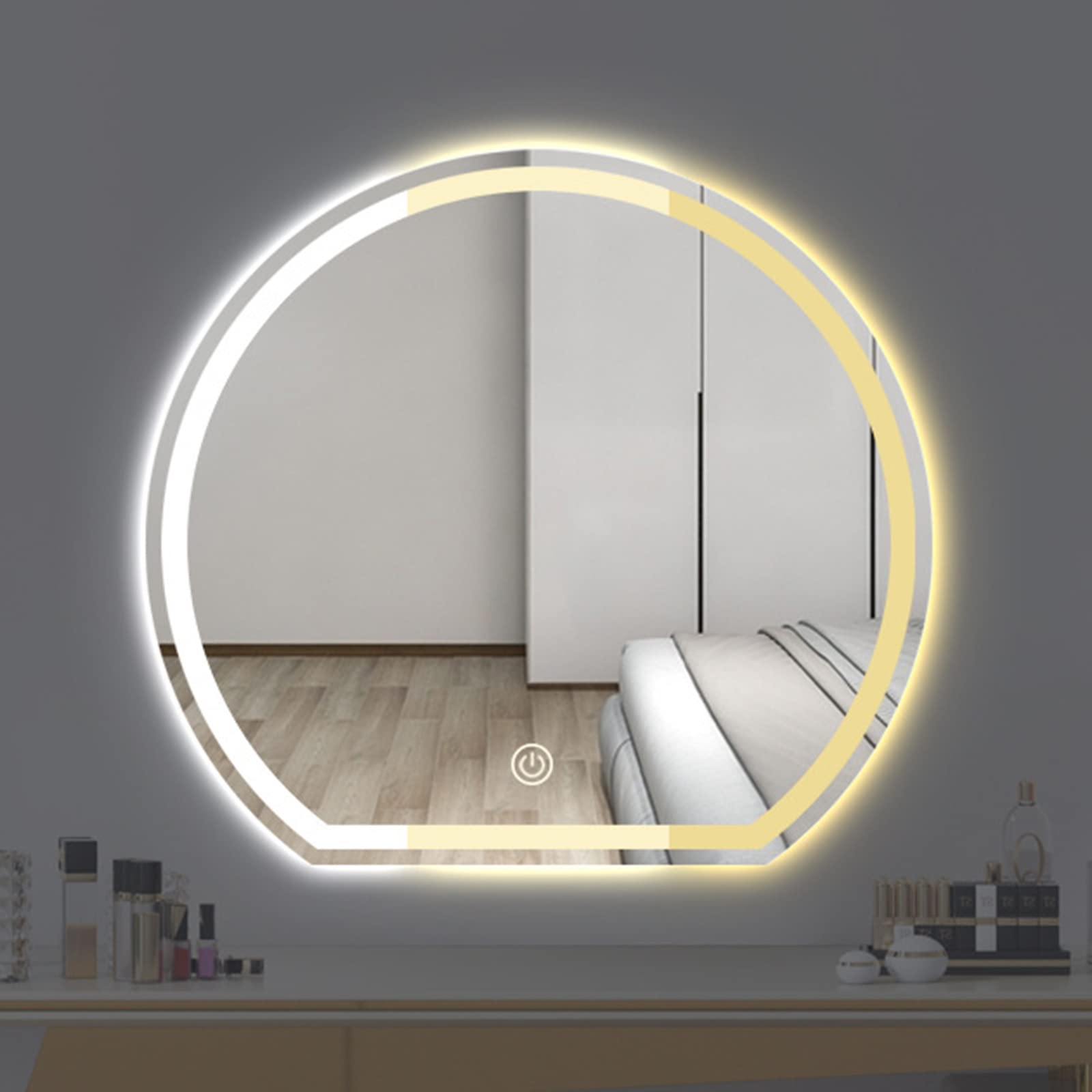 FGXHHS Half Round Wall-mounted LED Tricolor Light Mirror, Irregular Asymmetric Modern Vanity Safety Explosion-proof Waterproof, 70cm/27.6in for & Wall Decor