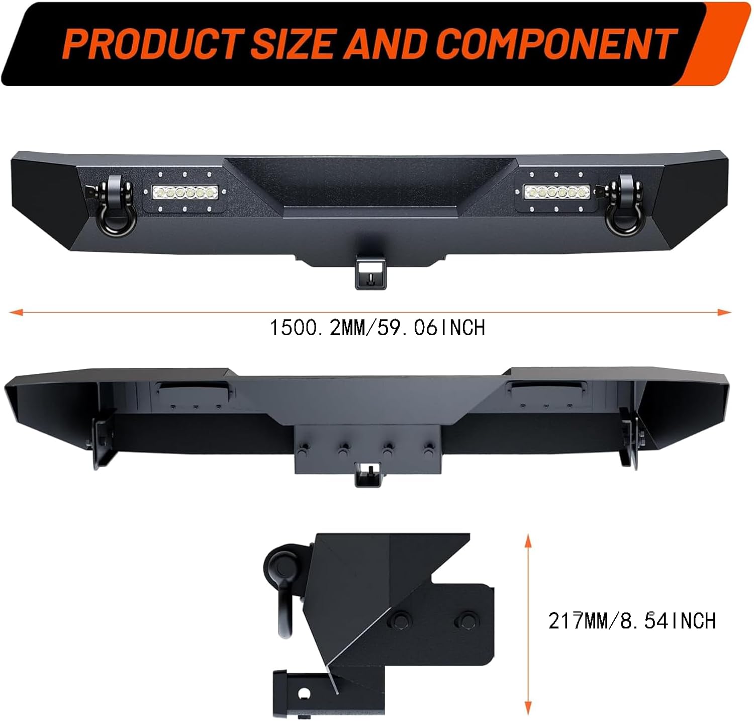 Garvee Rear Bumper Compatible with Wrangler TJ 1997-2006 (2/4 Doors), Full Width Off-Road Rock Crawler Bumper with 2 x LED Lights & 2 x D-Rings, Heavy Duty Steel, Black