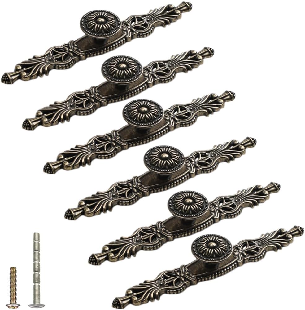 6PCS Antique Bronze Cabinet Pulls with Plate,6.5" Long Vintage Zinc Alloy Handles Pulls Knobs for Drawer Furniture Door Bedroom Kitchen Cupboard with Screws (Small(6.5" L/3.8" CC))