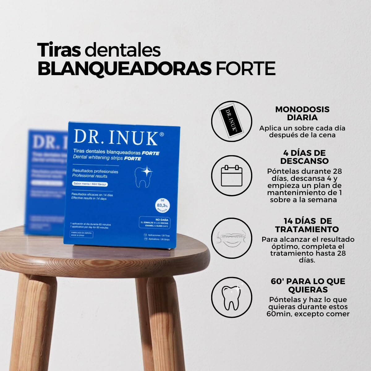 Tiras blanqueadoras de dientes PROFESIONALES FORTE - 28 tiras sin peróxido o ácidos para 14 sesiones de blanqueamiento dental - Fabricado en España - Fórmula eficaz 83.3% PAP - Incluye guía de tonos