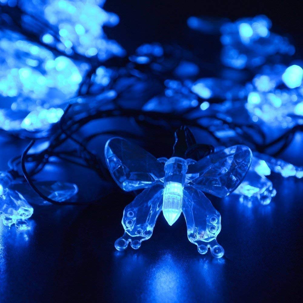 HULX Butterfly String Lights, 6.5M 30LED Solar Butterfly String Lights Outdoor Garden Solar String Lights Waterproof with 8 Mode (Blue)