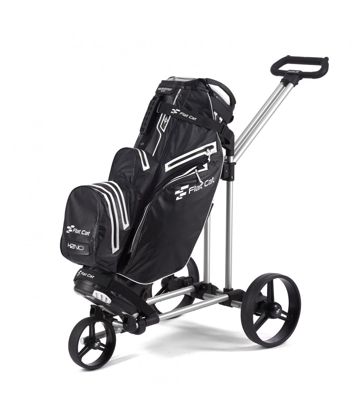 FLAT CAT Carro de golf eléctrico Gear Silver plegable en aluminio anodizado y fibra de vidrio ¤ Batería Li-Fe 36 agujeros ¤ Freno Motor, velocidad memorable ¤ Peso 7,4 kg ¤ Funda de protección.