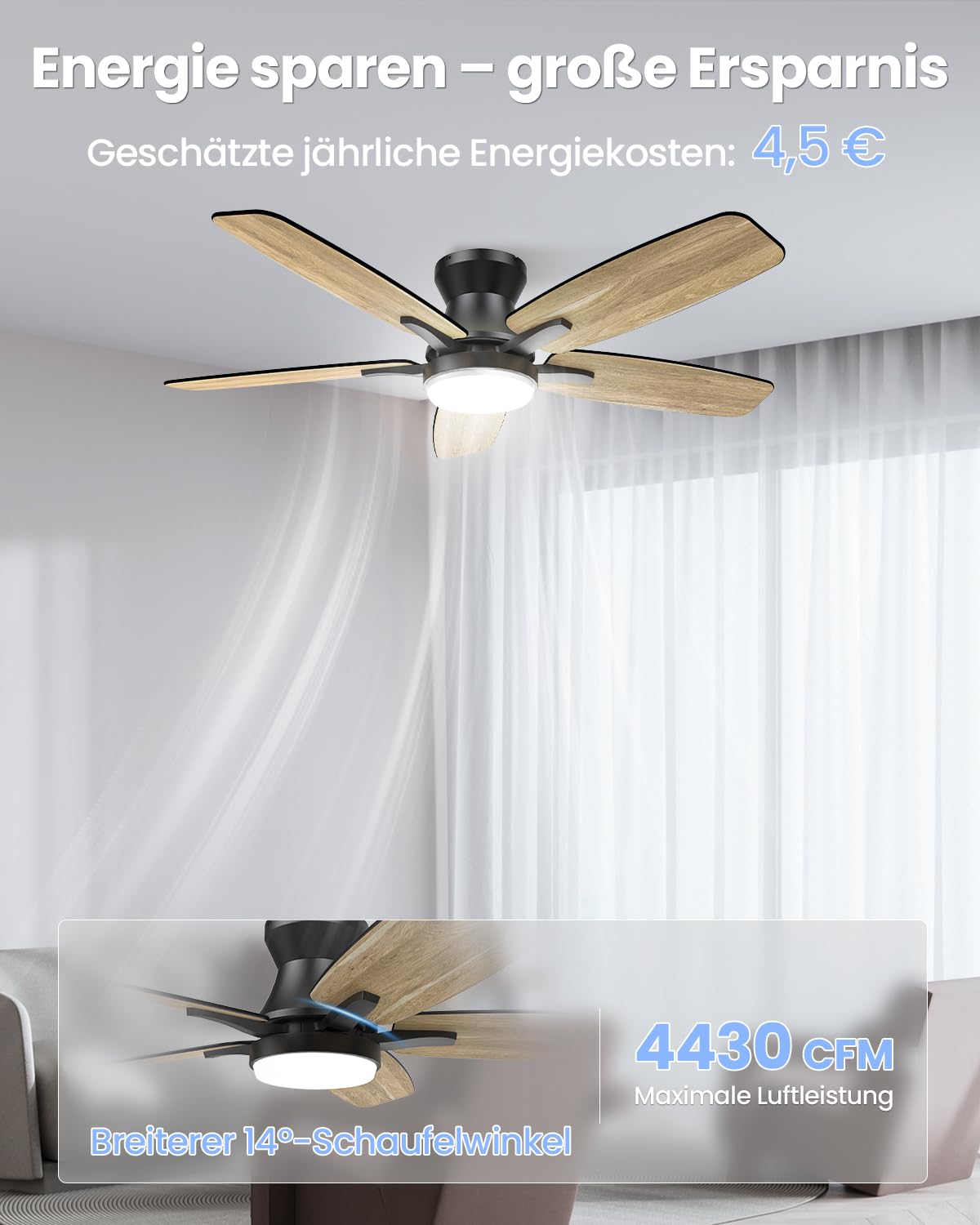 Airwit 106 cm Deckenventilator mit Beleuchtung und Fernbedienung, leiser 20 dB DC-Motor, dimmbare 18W LED, Timer