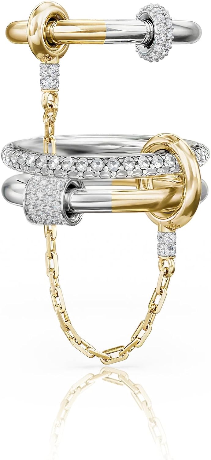 Gold Stackable Rings for Women, 14k Gold Plated Linked Chain Ring Set, Statement Cubic Zirconia Interlocking Rings, Silver & Gold Mixed Metals Chunky Stack Rings