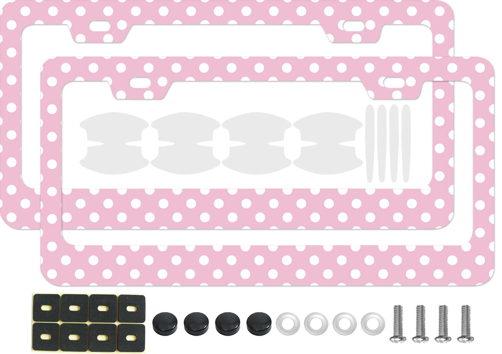 Photo 1 of ** only comes with one **
Pink Polka Dot License Plate Frame, 2 Pcs Classic White Dots Pattern Decorative Car Tag Holder, Cute Retro Style Metal Plate Covers for Women Girls with Car Door Handle Bow Films