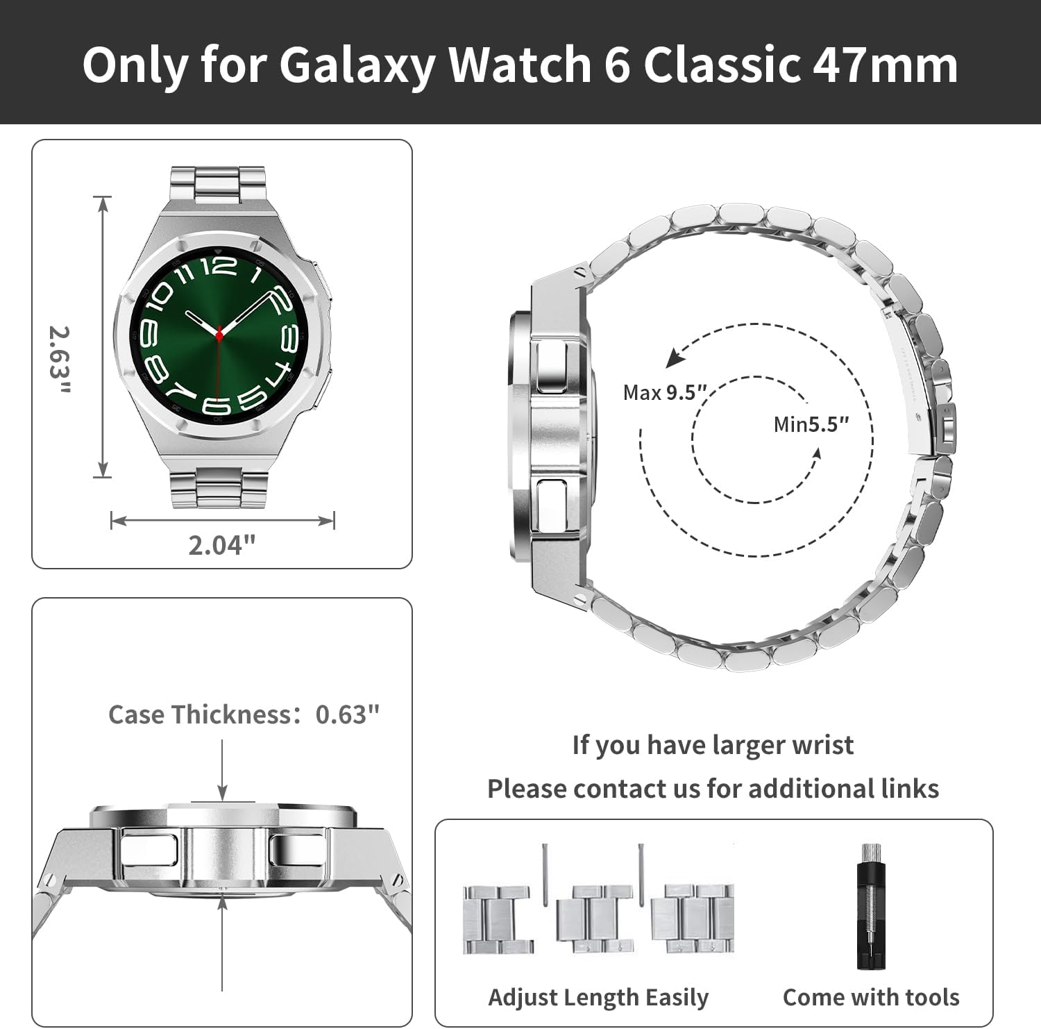 Luxury Case Designed for Samsung Galaxy Watch 6 Classic 47mm 2023, Rugged Military Protective Metal Bumper Case with Tactical Stainless Steel Band for Men, Silver - Image 2