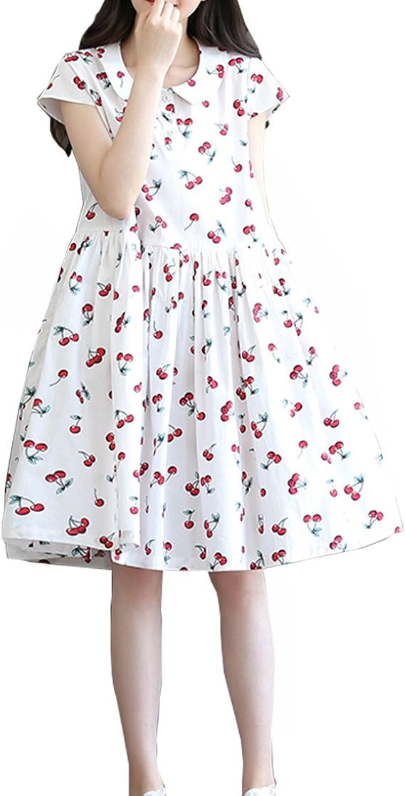 Amazon Co Jp レディース ワンピース 森ガール 麻綿 半袖 優雅復古風 春夏 長袖 学園風 通勤 通学 Ol オフィス ワンピース 丸襟 フレアスカート ナチュ ラル系 膝丈 大きいサイズ M ホワイト ファッション