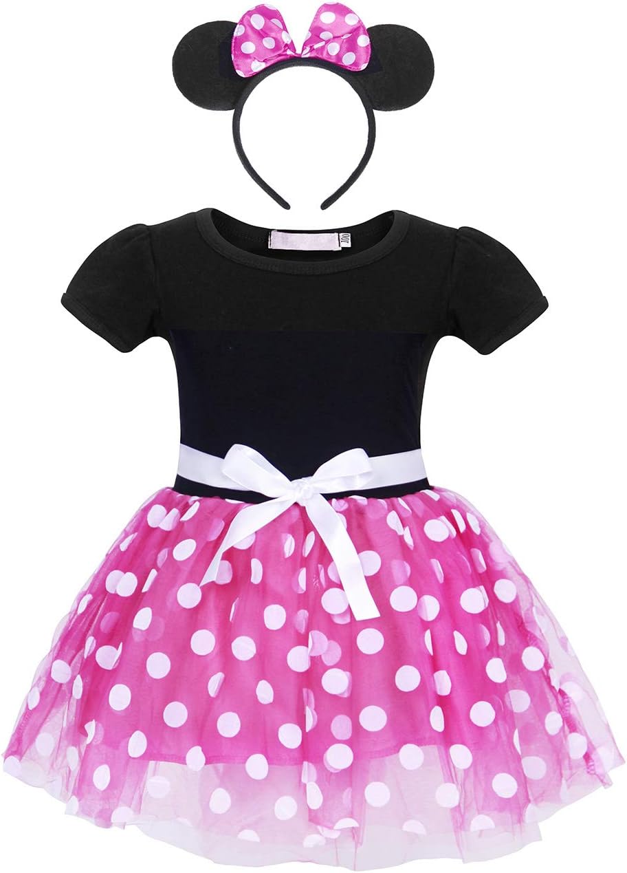AmzBarley Girl Dress Short Sleeve Big Polka Dot Bow Cartoon Princess Petti Skirt Dance Performance Costume with Headband