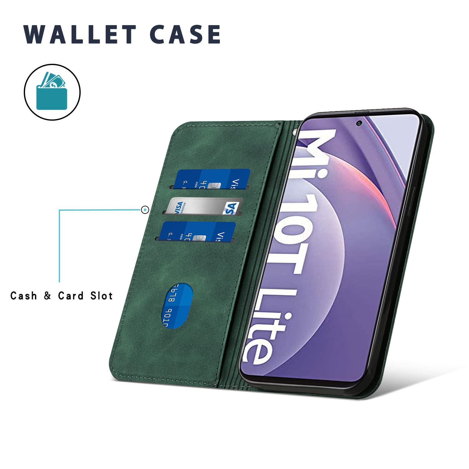 BAIDIYU Cover per Xiaomi Mi 10T PRO Custodia, Slot Cart,Custodia a Portafoglio in Pelle PU di Lusso Custodia Flip Folio, Cover per Xiaomi Mi 10T PRO.(Verde