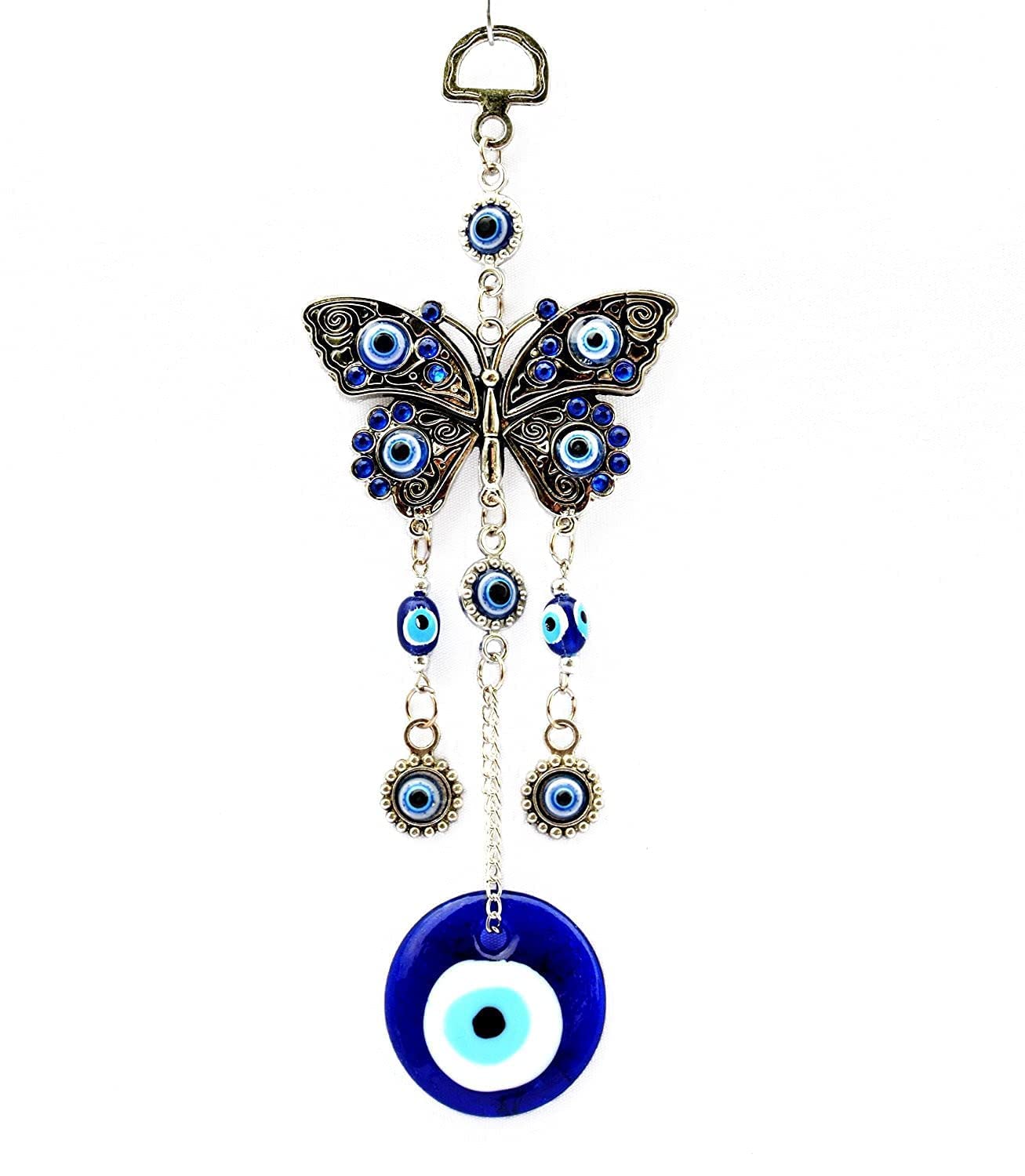 Turkish Blue Eye with Butterfly Hanging Decoration Ornament, Blue Rhinestone Car Charm Rear View Mirror Wall Hanging Protection Home Decor Blessing Gift