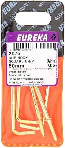 Eureka Cup Hook Square Brass Plated 5-Piece Set, 50 mm x 21 mm Size