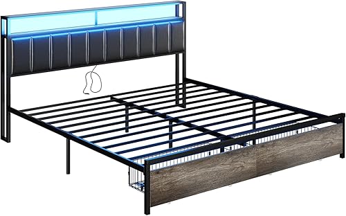 Miniatura 21 de AMERLIFE Base de cama LED con cajones, base de cama de plataforma completa con almacenamiento de 2 niveles y cabecera tapizada de cuero y estación