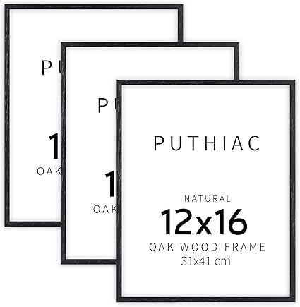 puthiac 12x16 Black Oak Wood Picture Frame - Minimalist 12x16 Poster Frame, 12"x16" Picture Frame Wood, Natural Solid Wooden Picture Frames for Wall Art Photo and Prints (3 Pack, Black)