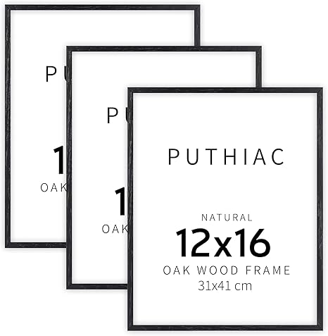 puthiac 12x16 Black Oak Wood Picture Frame - Minimalist 12x16 Poster Frame, 12"x16" Picture Frame Wood, Natural Solid Wooden Picture Frames for Wall Art Photo and Prints (3 Pack, Black)