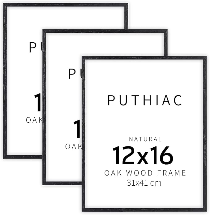 puthiac 12x16 Black Oak Wood Picture Frame - Minimalist 12x16 Poster Frame, 12"x16" Picture Frame Wood, Natural Solid Wooden Picture Frames for Wall Art Photo and Prints (3 Pack, Black)