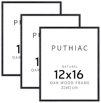 puthiac 12x16 Black Oak Wood Picture Frame - Minimalist 12x16 Poster Frame, 12"x16" Picture Frame Wood, Natural Solid Wooden Picture Frames for Wall Art Photo and Prints (3 Pack, Black)