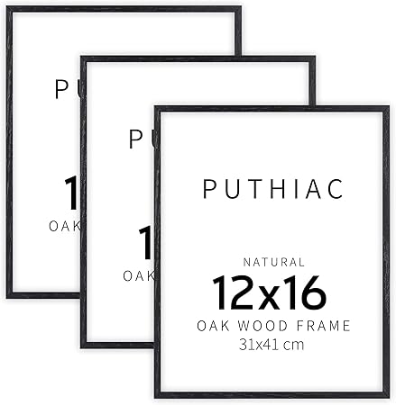 puthiac 12x16 Black Oak Wood Picture Frame - Minimalist 12x16 Poster Frame, 12"x16" Picture Frame Wood, Natural Solid Wooden Picture Frames for Wall Art Photo and Prints (3 Pack, Black)