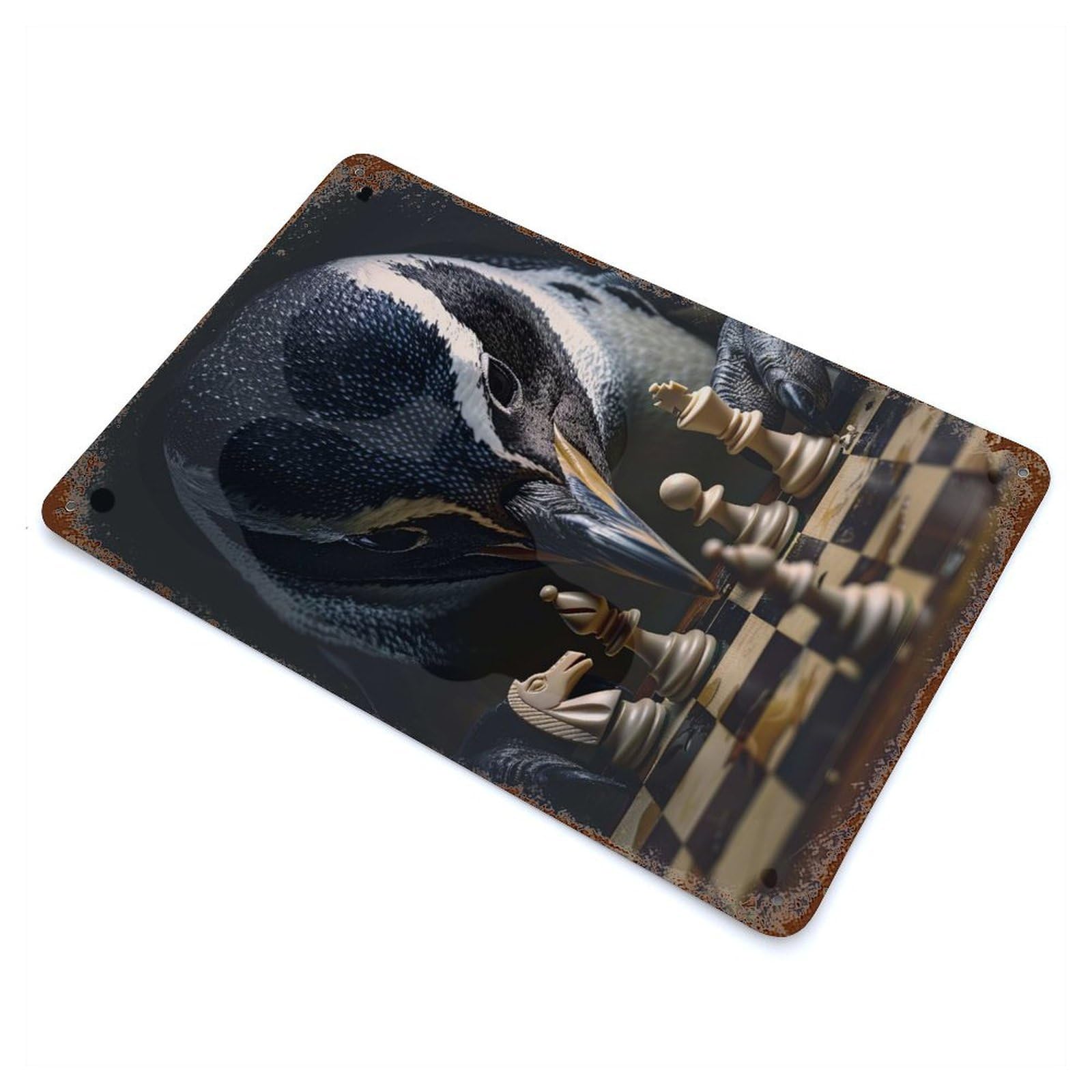 Penguin Chess Aged Metal Wall Plaque 11.8"x7.9", Farmhouse Wall Decor for Office, Studio And Wall Decor