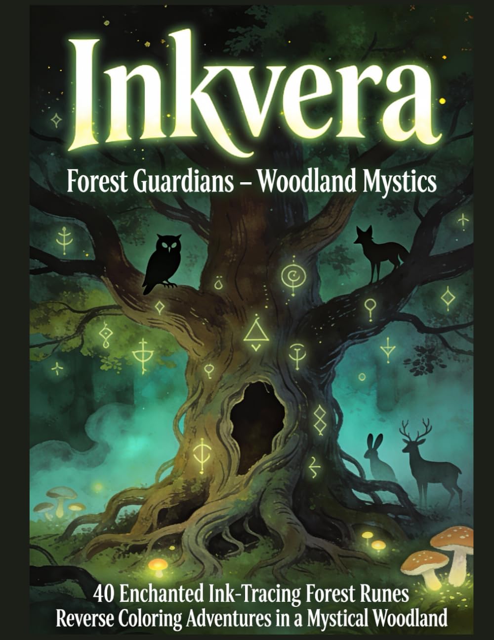 Inkvera: Forest Guardians – Woodland Mystics: Reverse Coloring Book for Adults | 40 Ink Tracing Pages with Mystical Forest Animals, Glowing Runes & ... Book with Bold Outlines & Discovery Themes