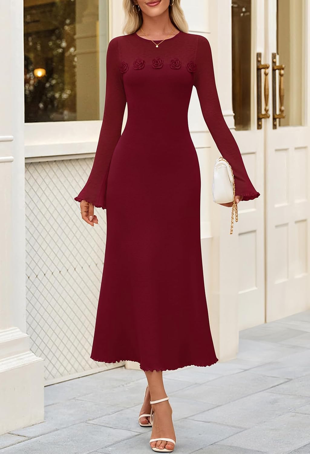 MEROKEETY Women's Sweater Dress Fall 2025 Long Sleeve Formal Wedding Guest Cocktail Bodycon Floral Maxi Winter Dresses - Image 2