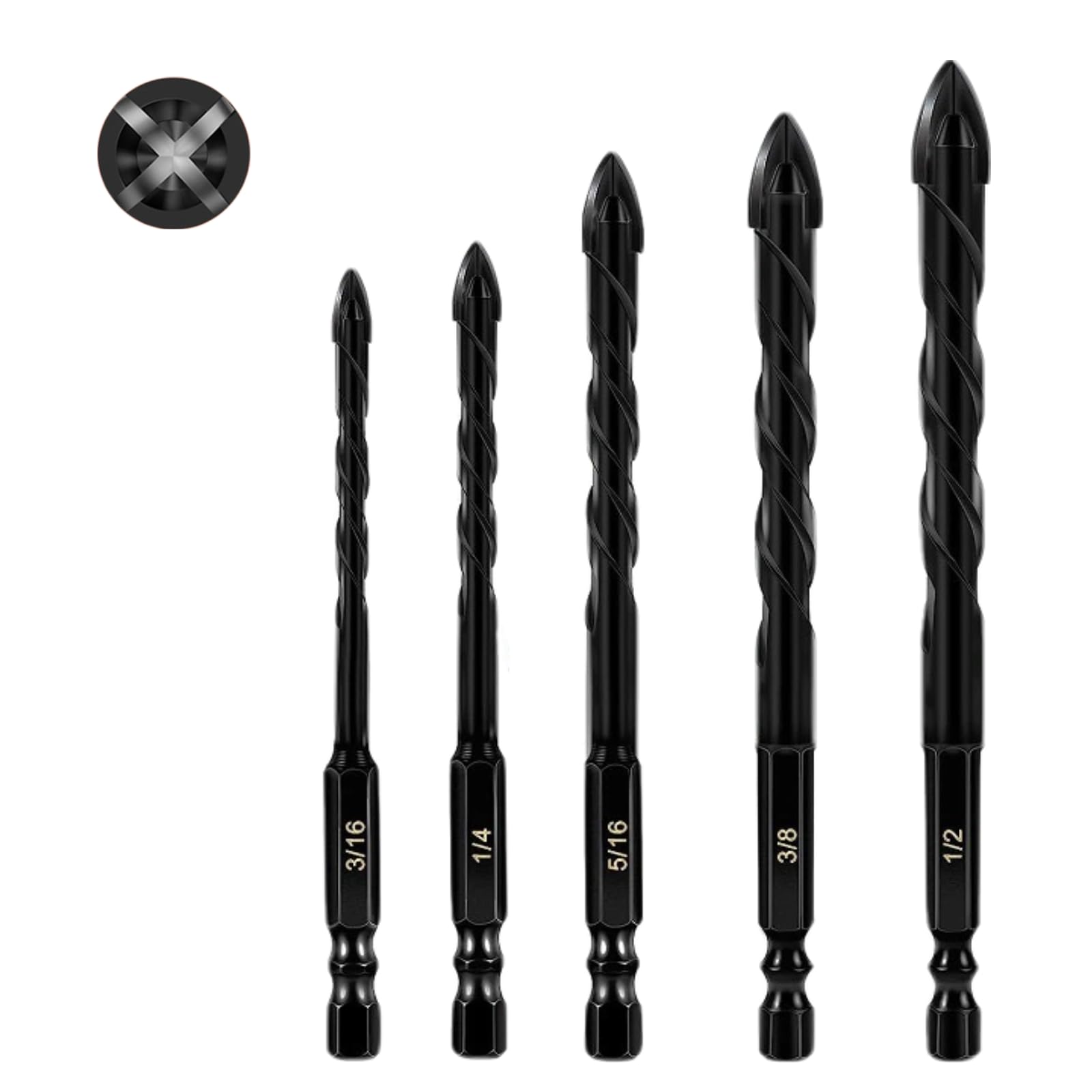 5PCS Masonry Drill Bits Set, 1/2" + 3/8" + 5/16" + 3/8" + 1/2" Carbide Tip Drill Bits - Hex Shank Cross Design for Tile, Glass, Brick, Concrete, Wood, Plastic