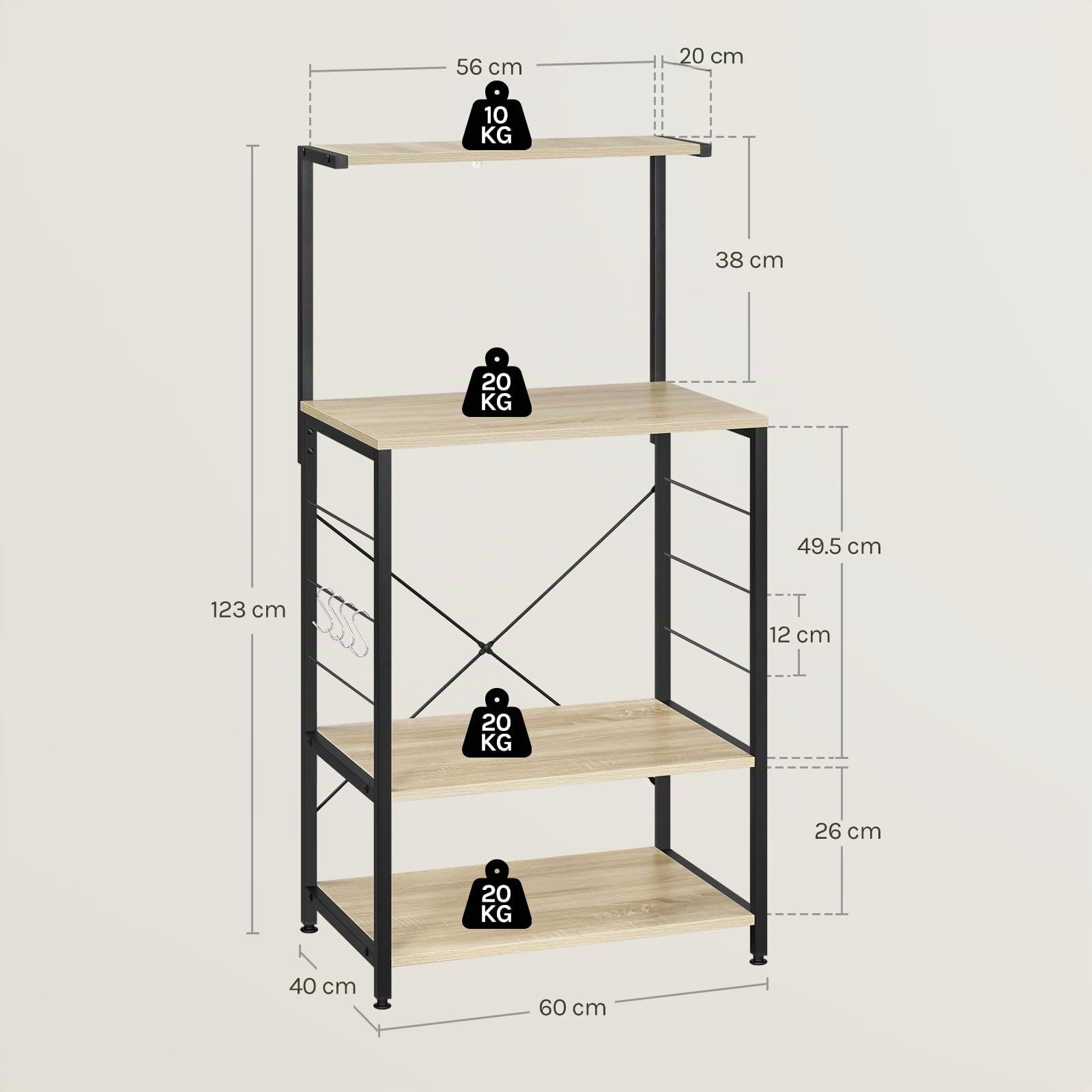 WOLTU Scaffale per Cucina in Acciaio Legno 4 Ripiani Carrello per Microonde Scaffalature Organizzatore 60x40x123 cm