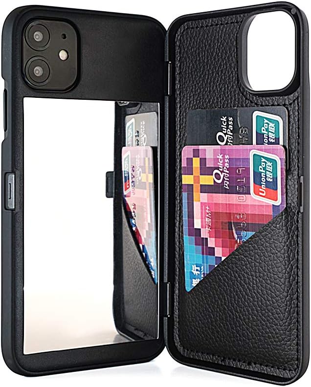 for iPhone 11 Case, Wallet Case with Kickstand Built-in Mirror Shockproof Card Holder Protective Cover for Apple iPhone 11 6.1 Inch - Black