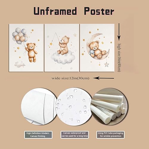 Miniatura 7 de 3 piezas de oso de peluche para cuarto de bebé, arte de pared con oso durmiendo en la luna y estrellas, decoración de pared con globos, nubes,