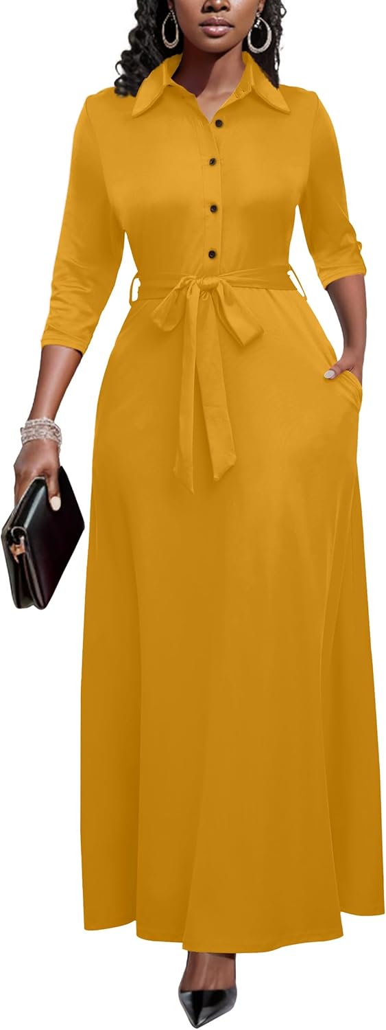 Runwind Women Church Maxi Dresses 3/4 Sleeve Button Down Print Casual Office Dress African