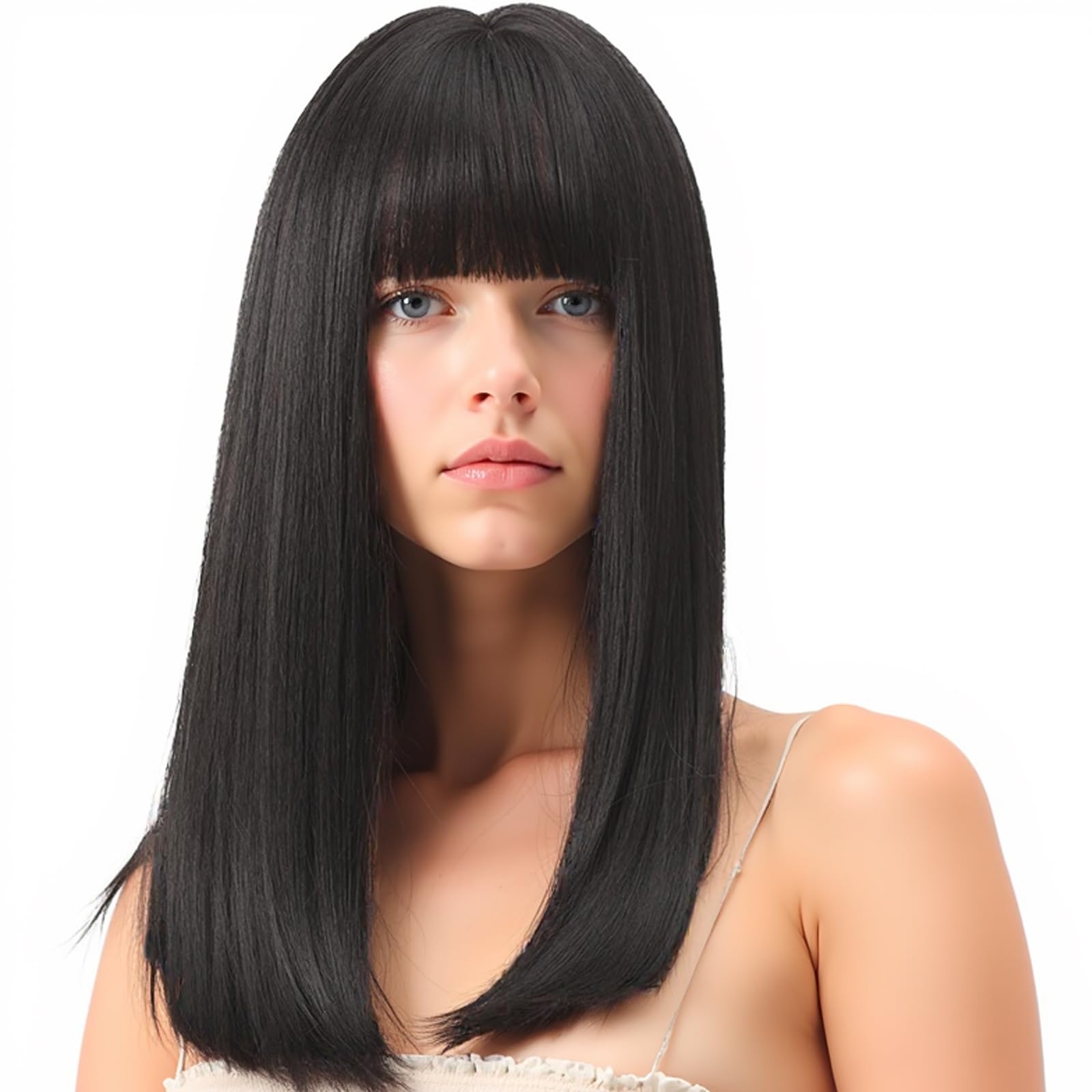 Black Straight Bob Wig with Flat Bangs for Women - Synthetic Hair Cosplay Halloween Fancy Dress