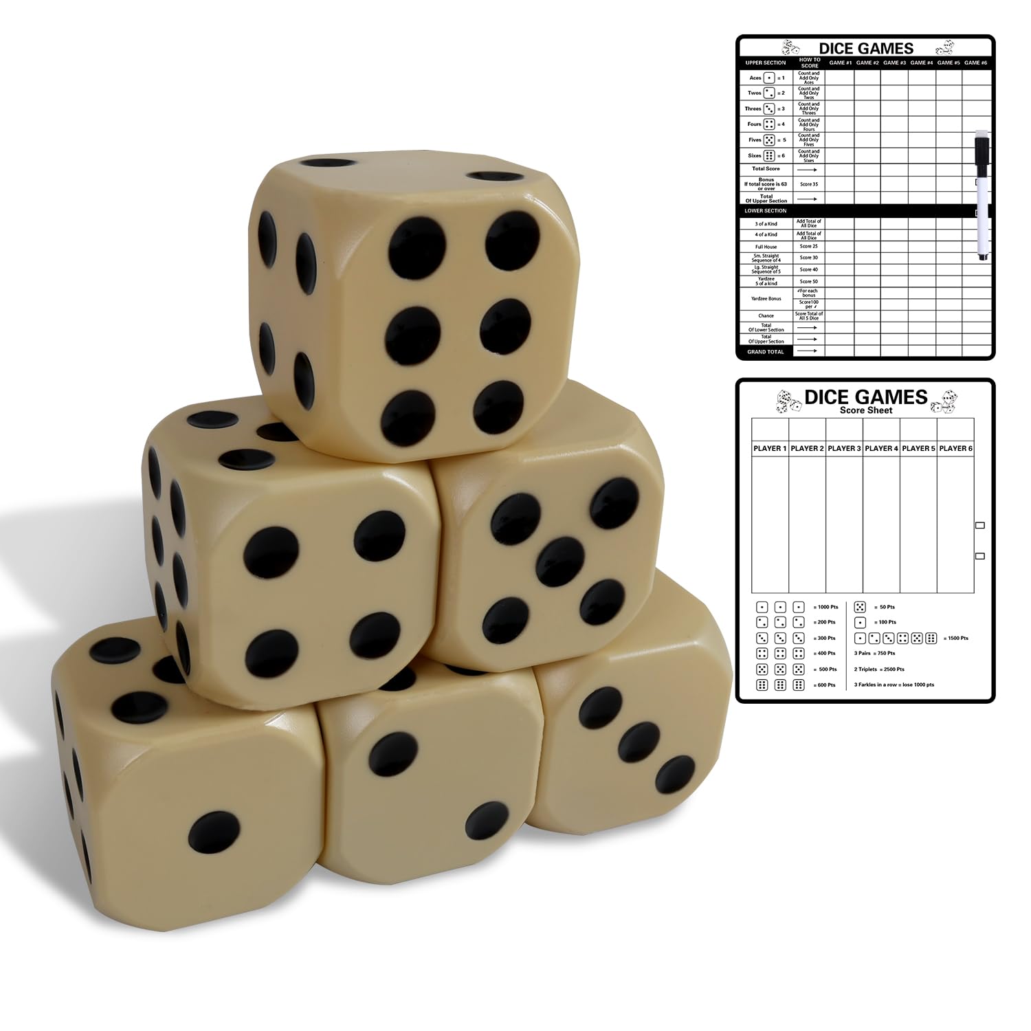 Yard Dice Set - Jumbo Plastic Lawn Dice (Not Wood) - Easy to Clean, Perfect for Backyard, Camping, and Parties - Includes Scoreboard and Marker