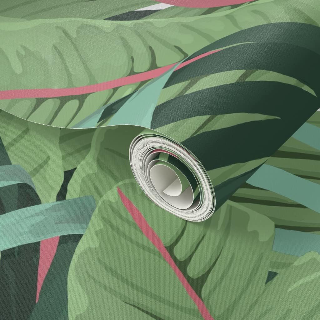 Peel & Stick Wallpaper 3ft x 2ft - Tropical Banana Leaves White Pink Green Jungle Beach Custom Removable Wallpaper by Spoonflower