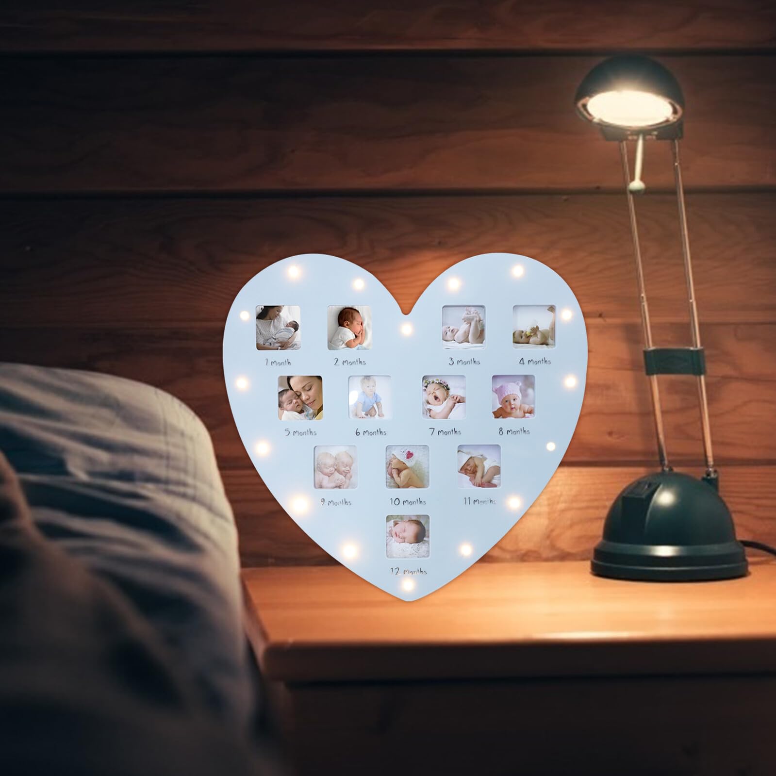 Beaupretty Cadre Photo Bébé Cœur avec Lumière en Pvc pour 12 Mois de Croissance, Cadre Photo Naissance pour Chambre Bébé ou Salon