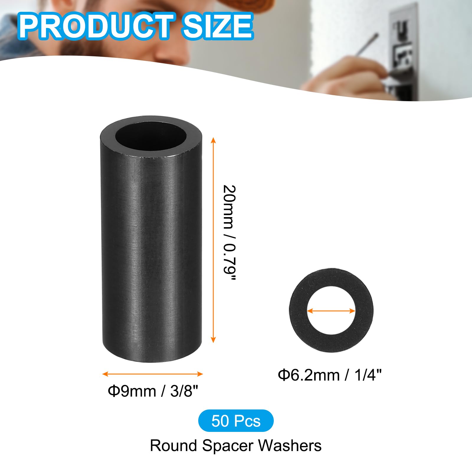 PATIKIL 50Pcs M4 ABS Spacers M6 x 9mm OD x 20mm L Plastic Round Spacer Washers Black Standoff Nut Unthreaded for Screws Bolts Electrical Outlet - Image 2