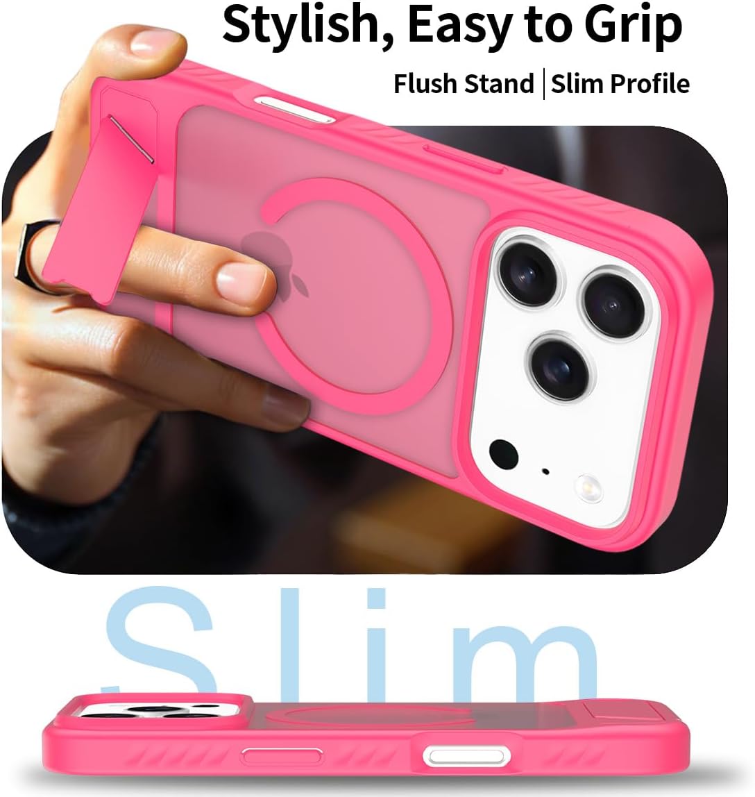 IDweel Magnetic for iPhone 17 Pro Max Case with Built-in Invisible Kickstand, Compatible with Magsafe, Slim Fit Translucent Matte Shockproof Protective Cover for iPhone 17 Pro Max 6.9 Inch, Hot Pink - Image 6