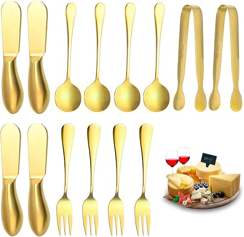 Funland Juego de 14 cuchillos esparcidores de queso dorado, esparcidores de cuchillos de mantequilla para accesorios de tabla de queso, mini