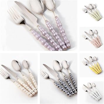 Silverware Flatware Set, 4/16/24/32/40/48 Pieces 18/10 Stainless Steel Knives Forks and Spoons with Pearl Ceramic Handles, Luxury Steak Knives Dessert Spoons for Home