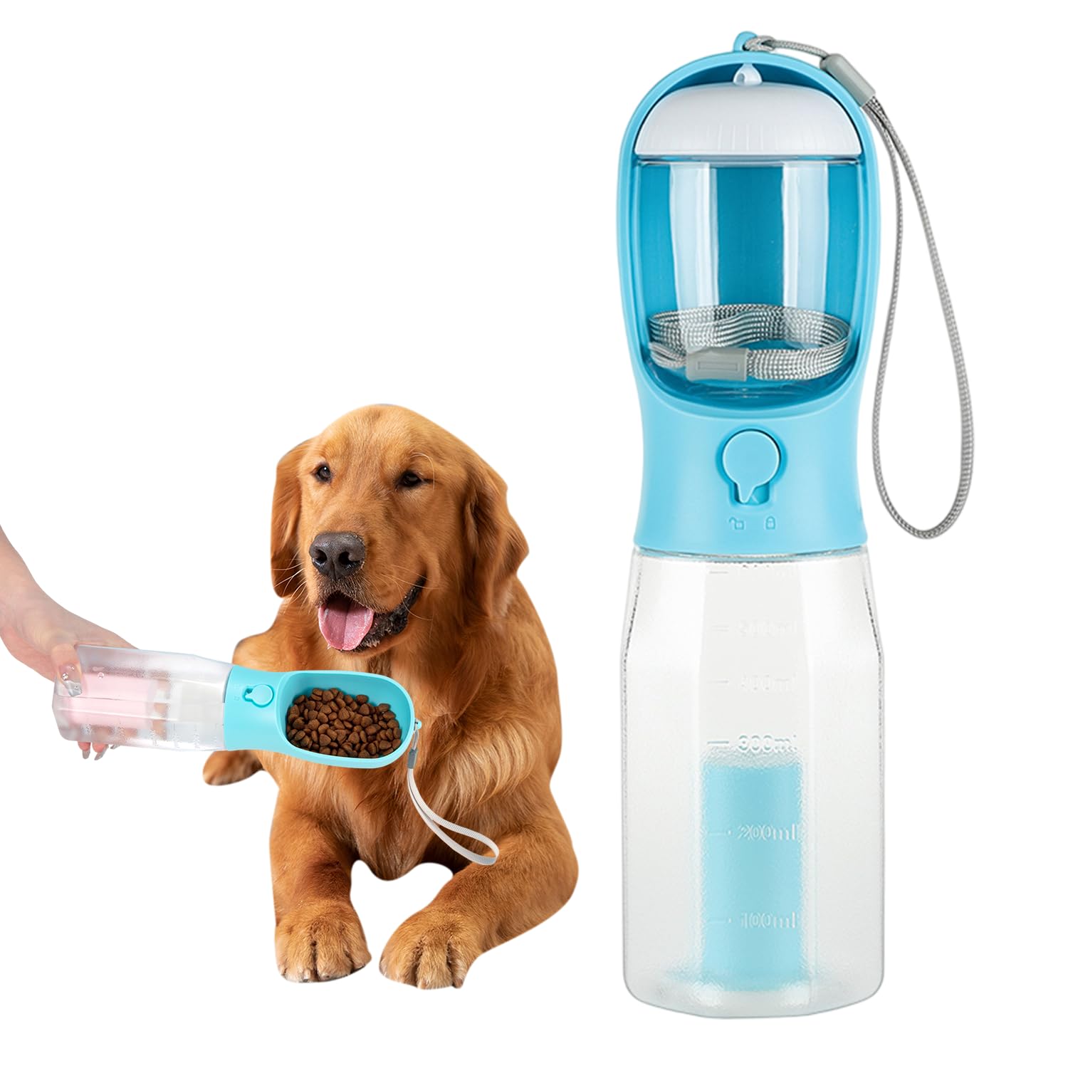 Geeebooc 3-in-1 Portable Dog Water Bottle with Food Container,Outdoor Portable Water Dispenser, Suitable for Cats, Small Dogs, Pets Walking, Hiking, Traveling, Essential for Dogs, Dog Supplies,Blue