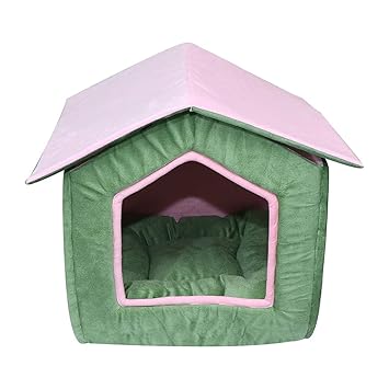 Mellifluous Foldable Velvet Fabric Dual Color House/Hut for Dogs & Cats Length 50 cm Width 54 cm Height 53 cm (Large, Green-Pink)